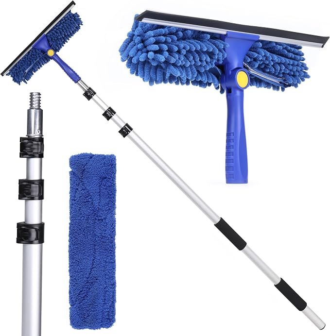 Kleen Handler 2-in-1 Window Squeegee with 4–12 ft Telescopic Extension Pole, Window Washing Kit for Home & Commercial Glass Doors, High Windows, 2 Sleeves Included