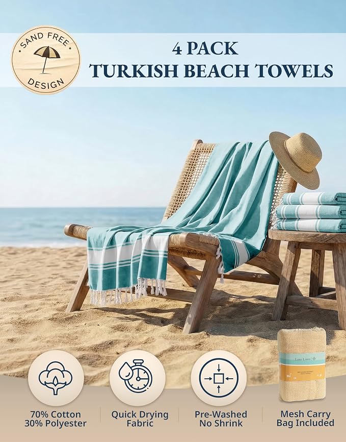 LANE LINEN Oversized Beach Towel, Beach Towels 4 Pack, Soft - Hunter Green | Pre-Washed Pool Towel - Quick Dry & Sand Free - 39"x71", Vacation Essential - Machine Washable, Travel & Camping, All-Season
