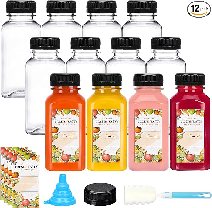 TOMNK 12pcs 8oz Plastic Juice Bottles with Caps Empty Reusable Clear Bottles with Label, Funnel and Brush Beverage Containers Bulk with Lids for Juicing, Smoothies, Fridge