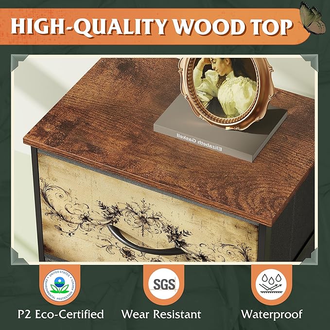 WLIVE Fabric Dresser, 5-Drawer Tall Dressers for Bedroom, Storage Dresser Organizer with Fabric Bins, Wood Top, Sturdy Steel Frame, Chest of Drawers for Closet, Hallway, Pattern
