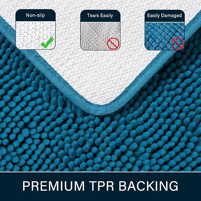 LOCHAS Luxury Bathroom Rug Shaggy Bath Mat 24 x 60 Inch, Peacock Blue | Washable Non Slip Bath Rugs for Bathroom Shower, Soft Plush Chenille Absorbent Carpets