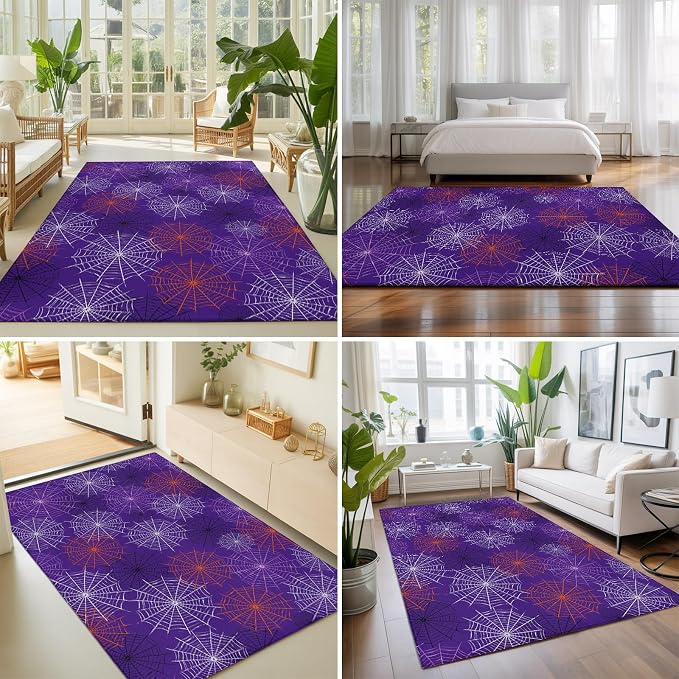 Large Area Rug 5'x7', Purple Halloween Washable Rectangular Area Rugs for Living Room Bedroom Office, Red Black White Net Halloween Non Slip Kitchen Rug Mats Indoor Floor Accent Throw Carpet