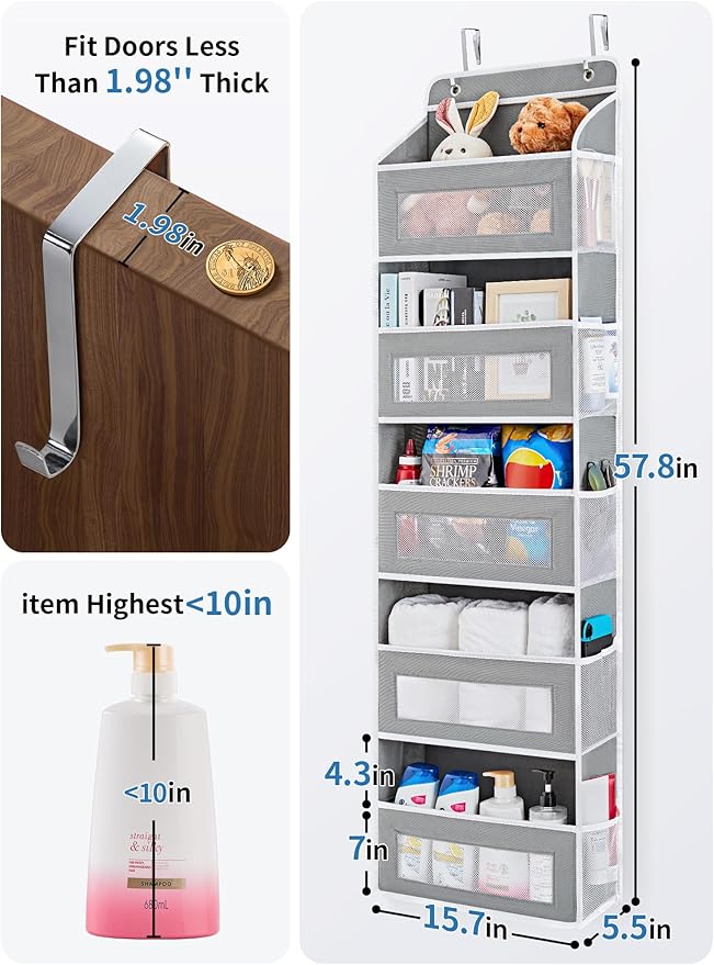 JARLINK Over the Door Organizer for Bedroom, Pantry, Bathroom, 5 Shelf Grey | Anti-Tilt Design, 44 lb Load Capacity, Hanging Door Organizer with 5 Large Capacity Pockets, Behind Door Storage for Nursery
