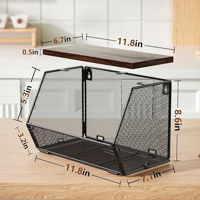 3-Pack Stackable Wire Basket with Wood Lid - Wall Mounted Fruit & Vegetable Bowl for Kitchen, Potato & Onion Storage