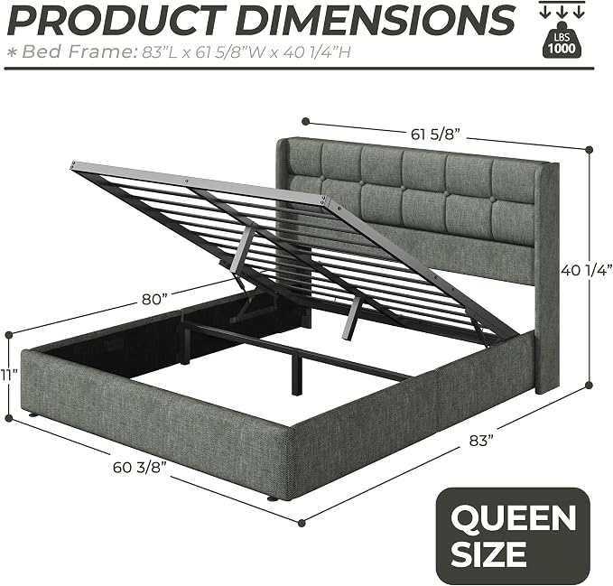 HISOFT Queen Size Lift Up Storage Bed Frame, Linen Upholstered Platform Bed with Wingback Headboard, Heavy Duty Hydraulic Gas Lift Underbed Space, Reinforced Full Metal Slats, Noise Free, Grey