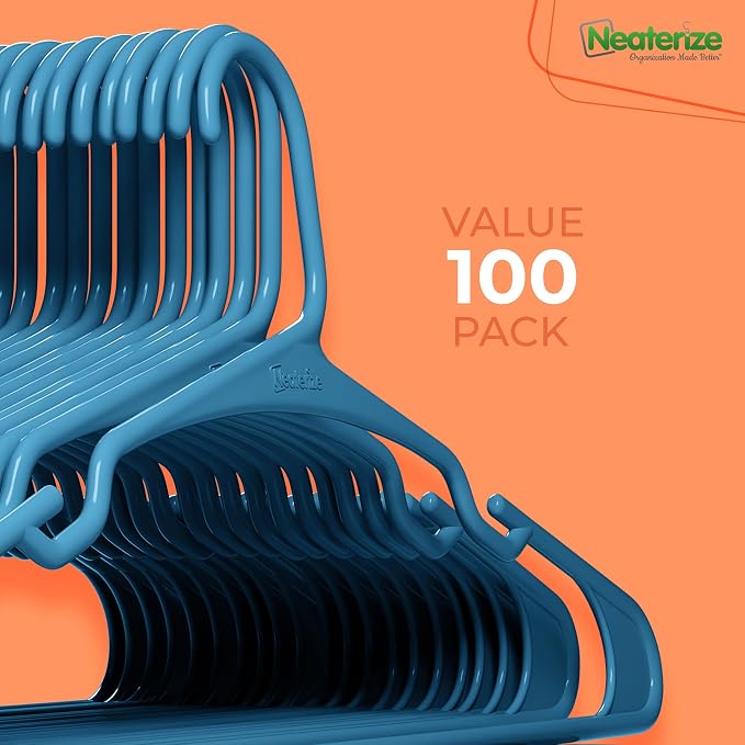 NEATERIZE Clothes Hangers Plastic 100 Pack for Adults - Plastic Hangers, The Perfect Coat Hanger and Space Saving Clothes Hangers for Closet - Blue Hangers
