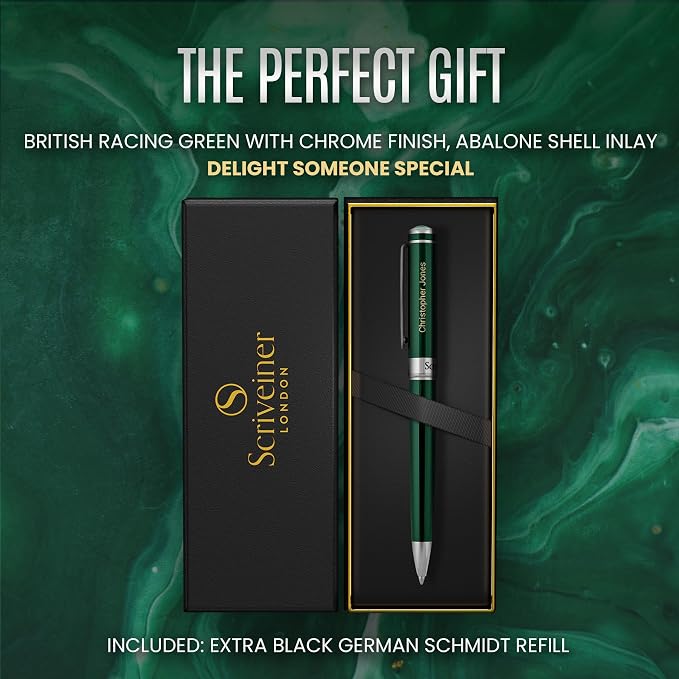 Scriveiner Personalized British Racing Green Ballpoint Pen - Stunning Green Lacquer Luxury Pen with Chrome Finish, Schmidt Ink Refill, Engraved Ball Point Gift Set for Men & Women, Custom Engraving