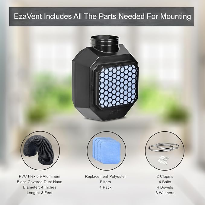 EzaVent Indoor Dryer Full Set Vent with 4 Filters, 8ft PVC Aluminium Duct Hose and Fittings Only for Electric Dryers - 1 Year Warranty (Black EzaVent Full Set)