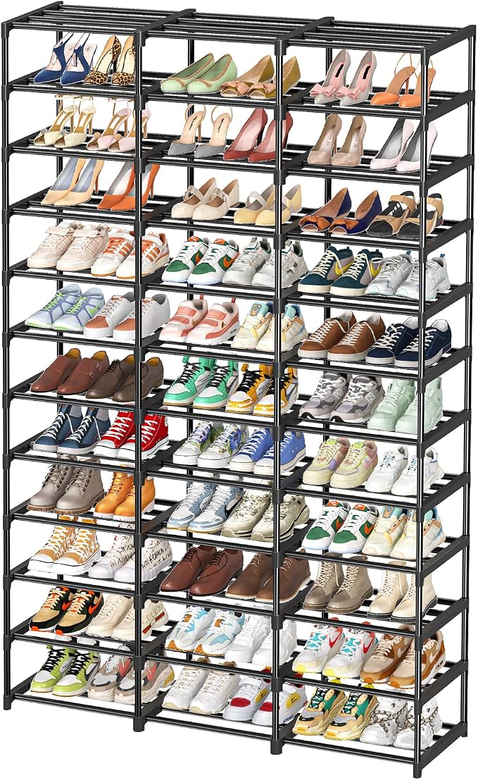 Ekisemio Shoe Rack Large Capacity 72 Pairs Tall Shoe Shelf, 3 Row 12 Tiers Sturdy Metal Shoe Organizer for Entryway, Closet, Bedroom, Black