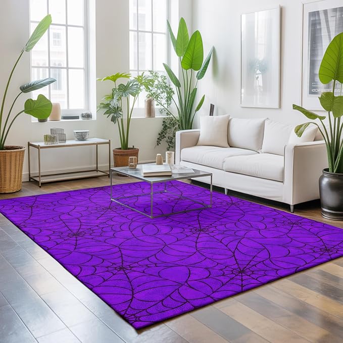 Area Rug 3'x5', Purple Halloween Washable Large Area Rugs for Kitchen Bedroom Laundry Bathroom Office, Black Spiders Net Classic Gingham Non Slip Door Mat Indoor Entryway Floor Accent Throw Carpet