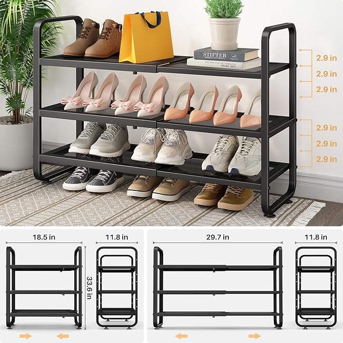 SNTD Shoe Rack - Expandable Shoe Organizer for Closet, Adjustable Metal Shoe Shelf Storage, Stackable Long Shoe Stand Holder for Garage, Entryway, Door Entrance (Black, 3-Tier)
