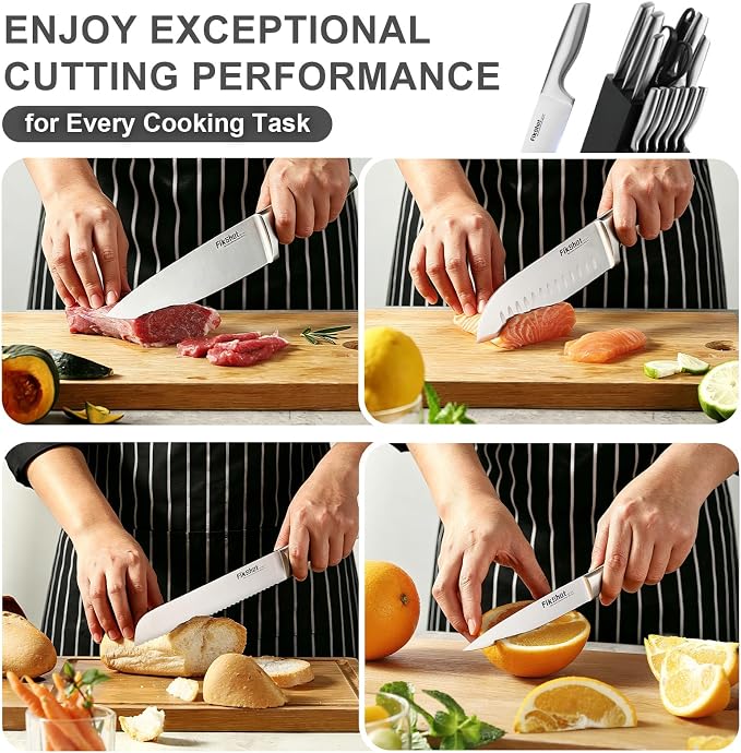FIKSHOT Kitchen Knife Set, German Stainless Steel kitchen knives | 14-Piece Includes Knife Block Set & Sharpener, High Carbon, Rust-Resistant, Ergonomic Handle for Cooking, Grilling & Gifting