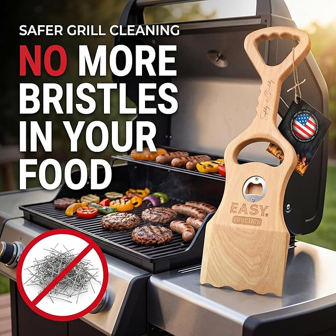 Wood Grill Scraper - Wooden Alternative for A BBQ Grill Brush, Made from Natural Pine Hardwood - Uses The New EasyShape Technology for Safe Cleaning & Bristle Free Barbecue