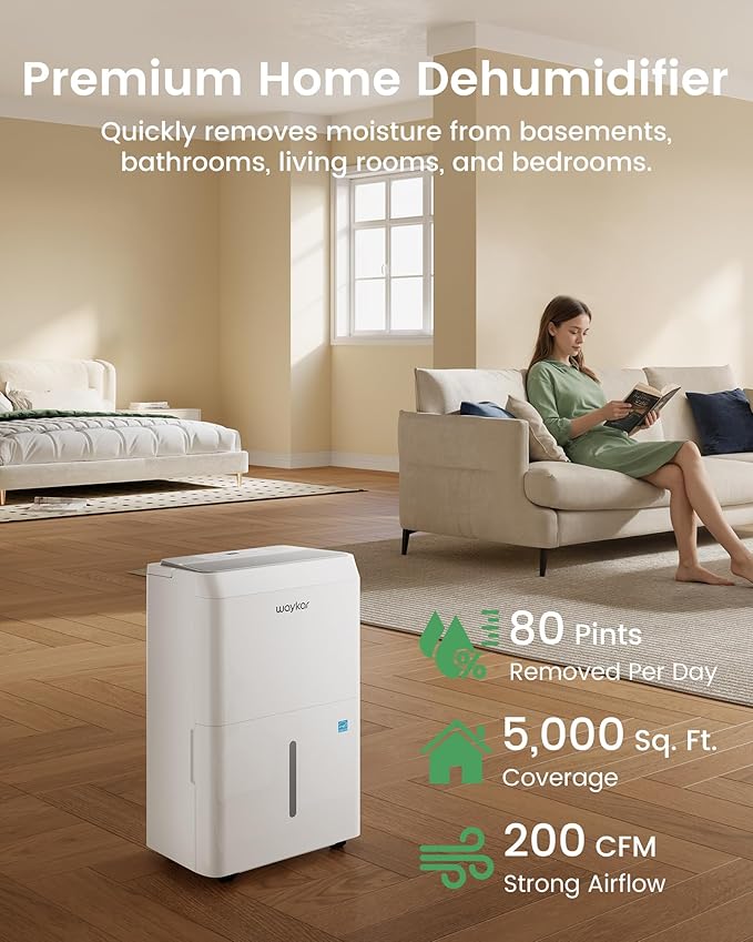 Waykar 5000 Sq.Ft Energy Star Dehumidifier for Basement & Home, 80 Pint/Day with Drain Hose & Tank, Ultra Quiet (40 dB), Smart Auto Comfort Mode