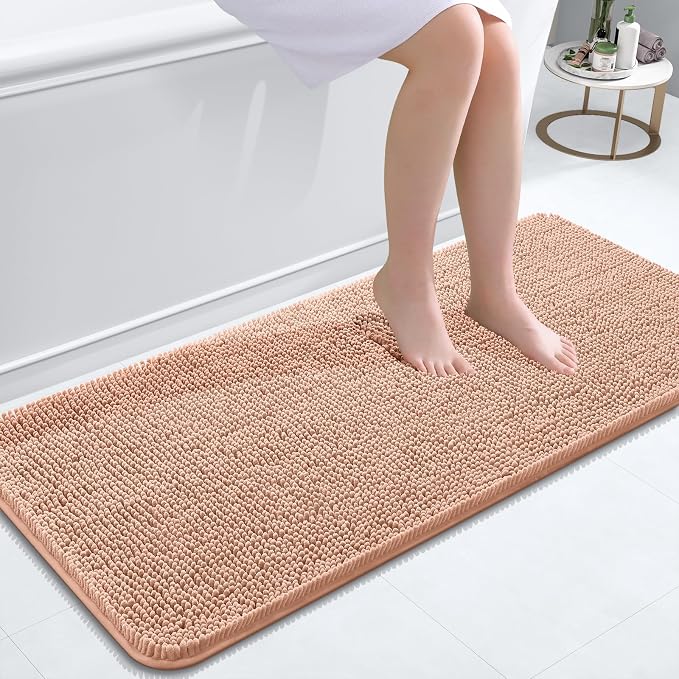 OLANLY Bathroom Runner Rugs 47x20, Extra Soft Absorbent Chenille Bath Rugs, Rubber Backing Quick Dry, Machine Washable Long Bath Mats for Bathroom Floor, Tub and Shower, Home Decor Accessories, Peach