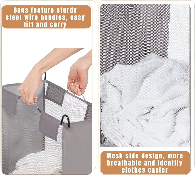 STORAGE MANIAC 3-Section Laundry Sorter with Foldable Ironing Board, Heavy-Duty Rolling Laundry Cart with and Removable Bags, Triple Laundry Hamper with Wheels, Dark Grey
