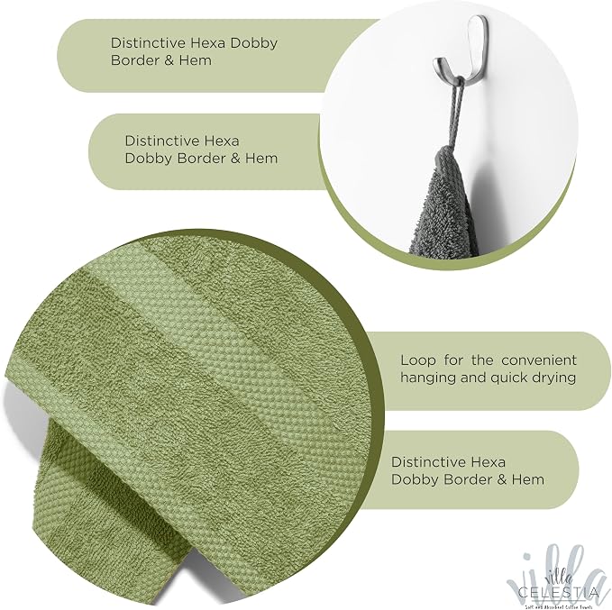 Villa Celestia Cotton Washcloths Set of 12, 12x12 Inch, 100% Ring-Spun Combed Cotton, Soft Absorbent Quick-Dry Wash Cloths for Face and Body, Oeko-TEX Certified, Hotel & Spa Quality, Sage