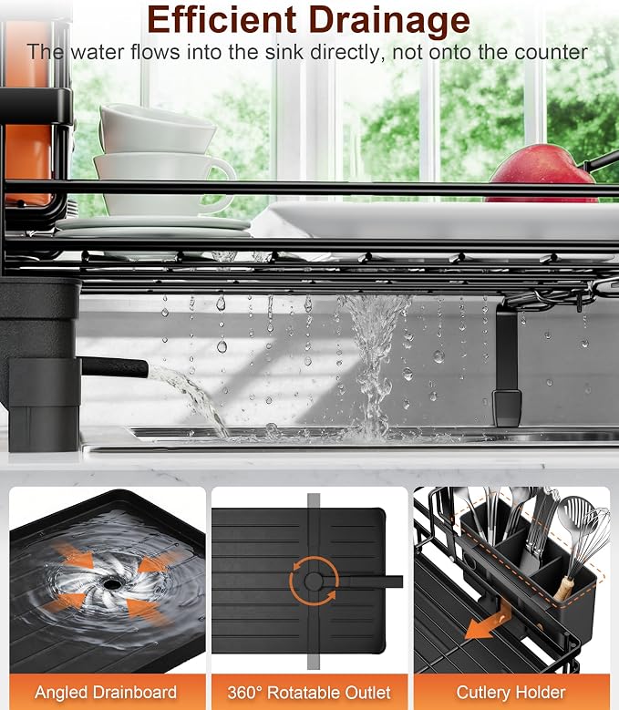 Hanyi 2-Tier Expandable Dish Drying Rack for Counter and Over Sink | Large-capacity rack with foldable upper tier, 15.7-26.4 in over-sink extension, automatic drainage and rust-resistant frame