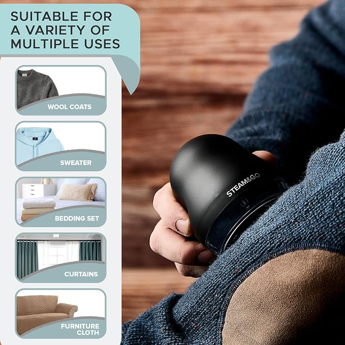 Steam & Go - Fabric Defuzzer, Rechargeable Fabric Shaver and Lint Remover, Portable Sweater Shavers to Remove Pilling, Fuzz, and Fluff, Lint Remover for Clothes and Beddings, Easy to Use Black | Rechargeable Fabric Shaver, Lint Remover, & Sweater Shave...