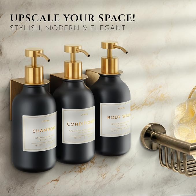 Shower Shampoo Dispenser Wall Mounted – 3 Refillable 16.9 oz Black Bottles with Stainless Steel Pumps & No-Drill Adhesive Holders – Soap Dispenser Set for Bathroom (3 X Black/Gold)