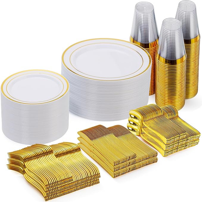 Goodluck 420 Pieces Gold Disposable Plates for 70 Guests, Plastic Plates for Party, Dinnerware Set of 70 Dinner and 70 Dessert Plates, 70 Spoons, 70 Forks, 70 Knives, 70 Cups
