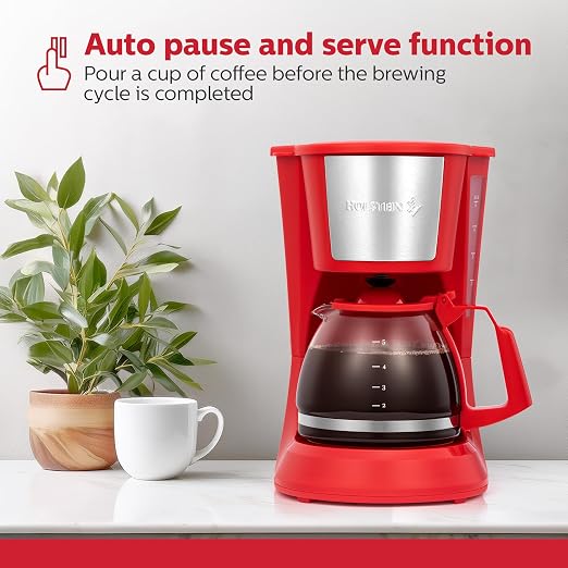 Holstein Housewares 5 Cup Drip Coffee Maker – Compact and User-Friendly with Auto Pause & Serve, Reusable Filter, Measuring Spoon & Glass Carafe, Office & Dorm Use, Red