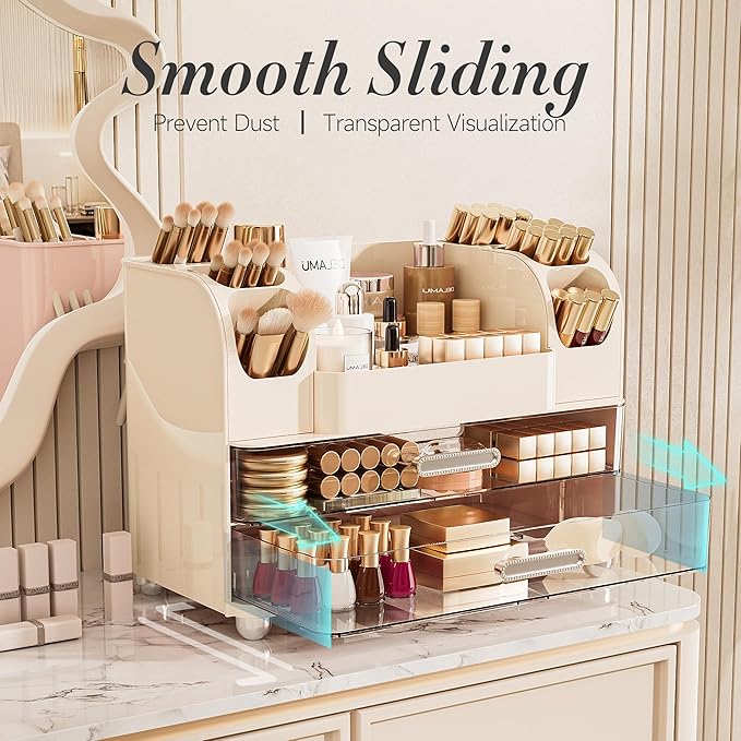 Delamu Large Makeup Organizer Countertop with 6 Brush Holders, Makeup Organizers for Vanity with 2 Large Drawers, Easy to Store Skincare, Lipsticks, Nail Polishes, Eyeshadow Palettes, Cream White