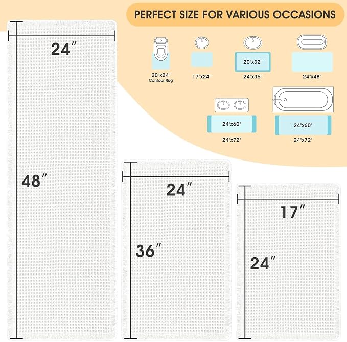 IM HOME Waffle Bath Mat Set 3 Piece White,Woven Modern Bath Rug Mats, Absorbent Non Slip Bath Floor Mat, Soft Washable Boho Bath Rugs with Tassels for Bathroom, Bedroom, Kitchen