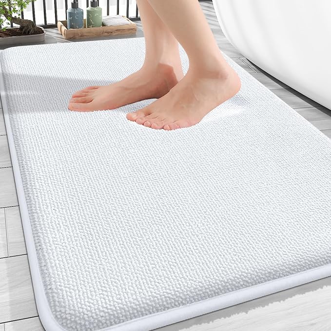 OLANLY Thick Memory Foam Bathroom Rugs 30x20, Absorbent Bath Mat, White | Soft Quick Dry Bath Rugs Mats, Non-Slip, Machine Washable Carpet for Bathroom Floor, Tub and Shower, Home Decor Accessories