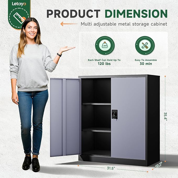 Metal Storage Cabinets with Lock Door,2 Adjustable Shelves Organizer Steel Storage Cabinets for Home,Office,Warehouse,Garage,Employee Lockers(Black Gray)