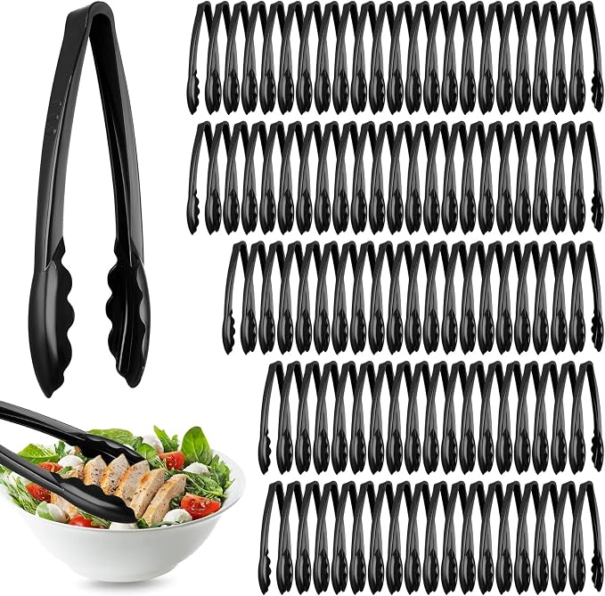 Tessco for you 100 Pcs Plastic Tongs for Serving Bulk, 9 Inch Plastic Disposable Serving Tongs, Heavy Duty Salad Tong for Kitchen, Buffet, BBQ, Events & Catering (Black)