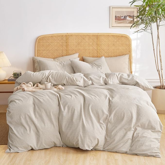 Wake In Cloud - Striped Cotton Duvet Cover Set, 100% Washed Cotton Textured Bedding Set, Ticking Stripe Pinstripe Farmhouse, 3 Pieces, Tan, Full Size