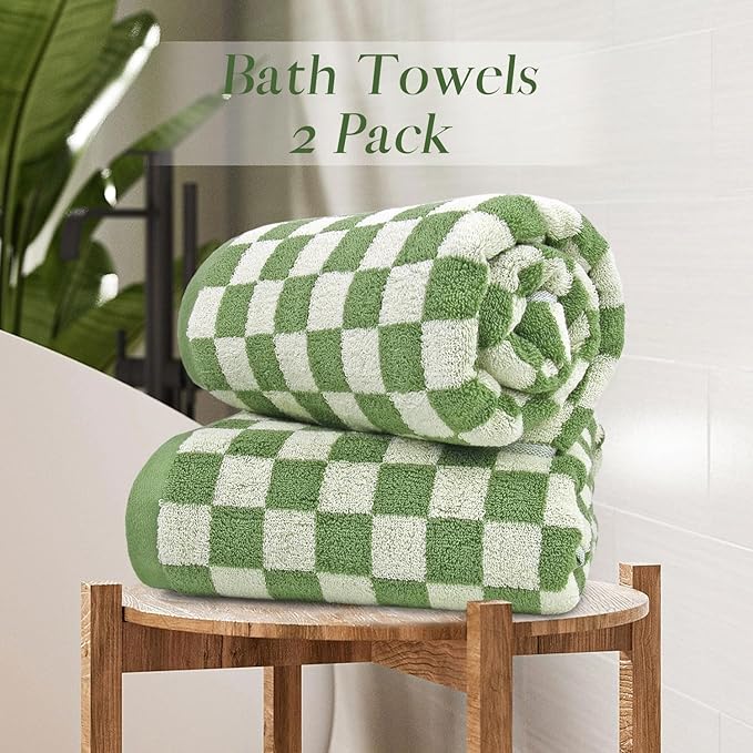 Bath Towels Set of 2 - Luxury Cotton Bathroom Shower Towels Body 55”x27.5” | Absorbent, Quick Dry, 520GSM, Green Checkered Bathroom Decor
