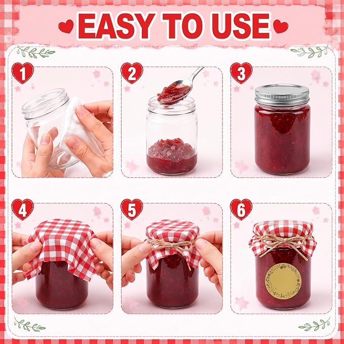Blushtier 15 Sets 16 oz Mini Yogurt Jars Glass Mason Jar with Lids Red Plaid Muslin Cloth Cover Decorative Jute Rope Brush Glass Bottle for Jam Honey Candy Gift Wedding Favors Birthday Party Decor