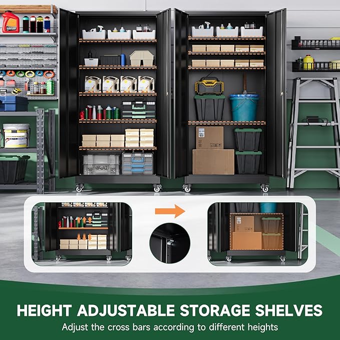 Metal Garage Storage Cabinets with Wheels,Steel Tool Cabinets Lock Door and Adjustable Shelves for Home,Office,Warehouse Organisieren (Black, 75" H)