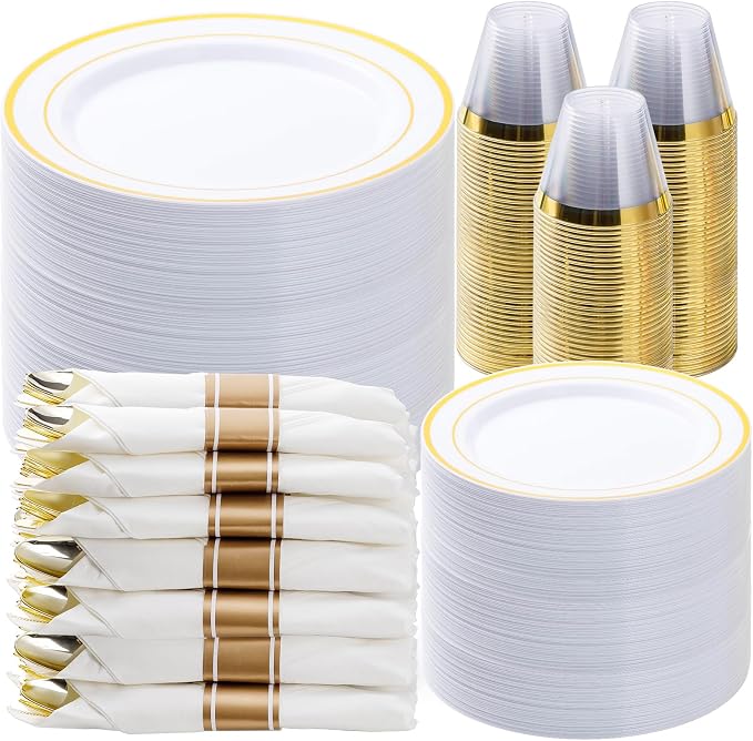 BESTVIP 525PCS Gold Plastic Dinnerware Set for 75 Guests, Disposable Plates for Party, Include: 150 Plastic Plates, 75 Pre Rolled Napkins with Gold Silverware, 75 Cups for Christmas, Halloween