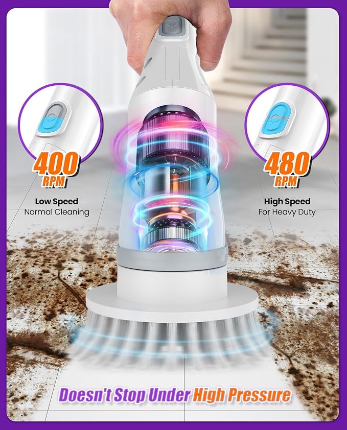 5-Head Electric Spin Scrubber, Shower Brush, Extension Handle | cordless power scrubber, adjustable reach, two speed control, IPX7 waterproof, bathroom floor, tile grout, tub edges, shower