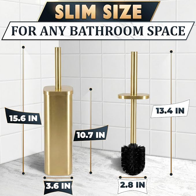 Gold Toilet Brush with Square Holder - Toilet Brush and Holder Set Gold, Stainless Steel Handle with Splash Shield, Replaceable Head and Removable Inner Cup - Freestanding Bathroom Toilet Cleaning Set