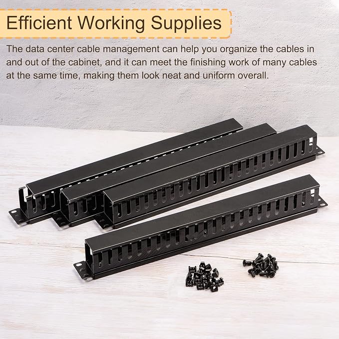 PATIKIL 1U 19 Inch Cable Manager, 4 Pack 24 Slot Horizontal Rack Mount Wire Management Metal Finger Duct Wire Organizer for Network Cabinet, Black