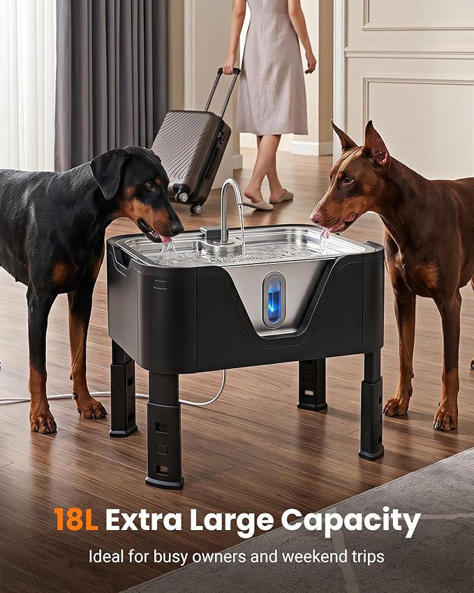 4.75Gal/ 18L Large Dog Water Fountain Elevated Dog Water Bowl & 3 Filters | 3-Height Adjustable Dog Water Bowl Dispenser, Quiet Stainless Steel Pet Water Fountain for Giant Breeds, Water Level Alert