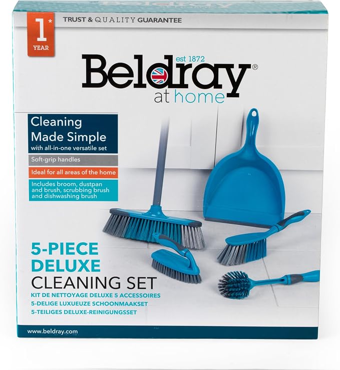 Beldray LA024152TQ Cleaning Bundle with Broom, Dustpan and Brush Set, Scrubbing Brush & Dish Brush, Long Handled Indoor Floor Sweeping, Washing Up Brushes, Bathroom/Tile/Grout Cleaner, Soft Grip, Blue