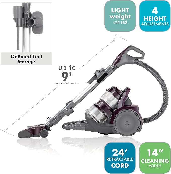 Kenmore 22614 Pet Friendly Lightweight Bagless Compact Canister Vacuum with Pet Powermate, HEPA, Extended Telescoping Wand, Retractable Cord and 2 Cleaning Tools-Purple