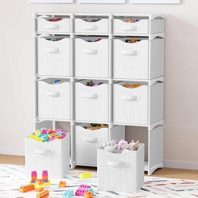Cube Storage Organizer with 12 Storage Bins Included – Storage Cubes for Home Organization, Toy Storage, Office Storage, Living Room Storage, and General Storage Solution (White-Grey)