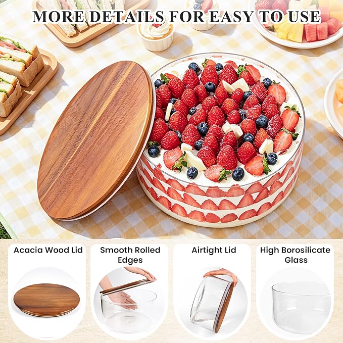 LOVYANXUE Glass Trifle Bowl with Acacia Wood Lid, 197 oz Large Glass Salad Bowl - Versatile Mixing and Serving Dish for Cake, Salad, Fruit, Baking, Dessert, Meal Prep, Storing, Microwave & Oven Safe