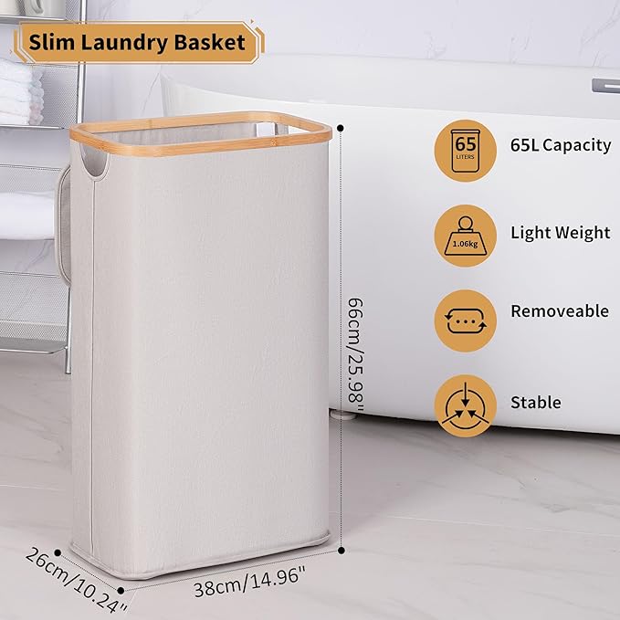 65L Slim Laundry Hamper, Narrow Laundry Basket with Lid,Foldable Clothes Hamper with Bamboo Handles,Hamper Basket with Removable Inner Bag for Laundry Room Bedroom College Dorm,17.17 Gals（Light Grey）