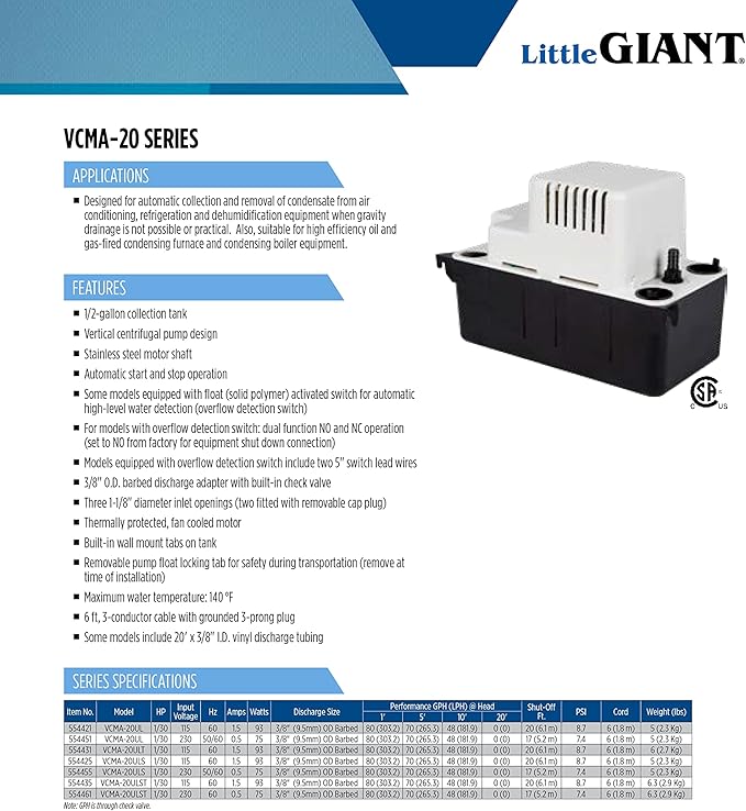 Little Giant VCMA-20ULS 115 Volt, 80 GPH, 1/30 HP Automatic Condensate Removal Pump for HVAC/Refrigeration Systems/Dehumidifiers with Overflow Detection Switch and 6-Foot Cord, White/Black, 554425