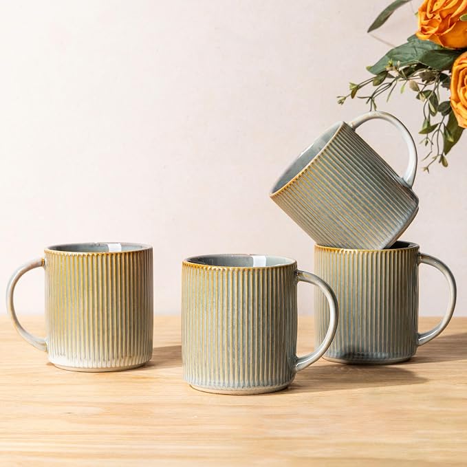 theterra Ceramic Coffee Mugs Set of 4, 14.2oz Handmade Coffee Cups with Handle for Latte, Tea, Milk, Beer, Hot Cocoa, Desert Sage