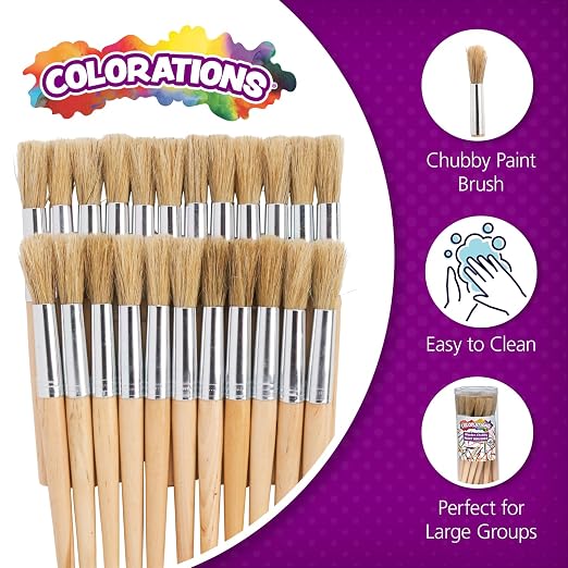 Colorations® Classic Wooden Chubby Paint Brushes for Children, All-Purpose Paint Brushues, Use for Arts & Crafts Projects and All Types of Paint Mediums, Set of 24 Brushes, Kids Paint Brushes