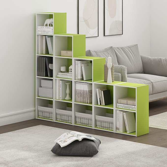 Furinno PASIR Book Shelf, 2-Tier Modern Bookshelf, Open Shelves Bookcase 9 x 12 x 21, Easy Assembly, for Living Room, Bedroom, Home Office, Green/White