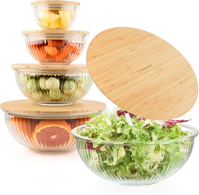 Stackable Space-Saving Set of 5 Nesting Glass Bowls with Bamboo Lids for Foodprep, Storage, Baking, Mixing & Cooking, Microwave & Oven Safe BPA Free Heat Resistant Inert Borosilicate Glass